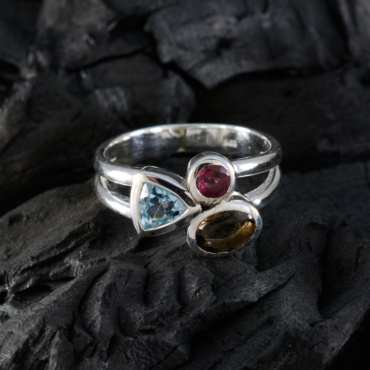 Multi Stone Trilogy Russian Sterling Silver multicolor Gems Minimal Love Ring Jewellery