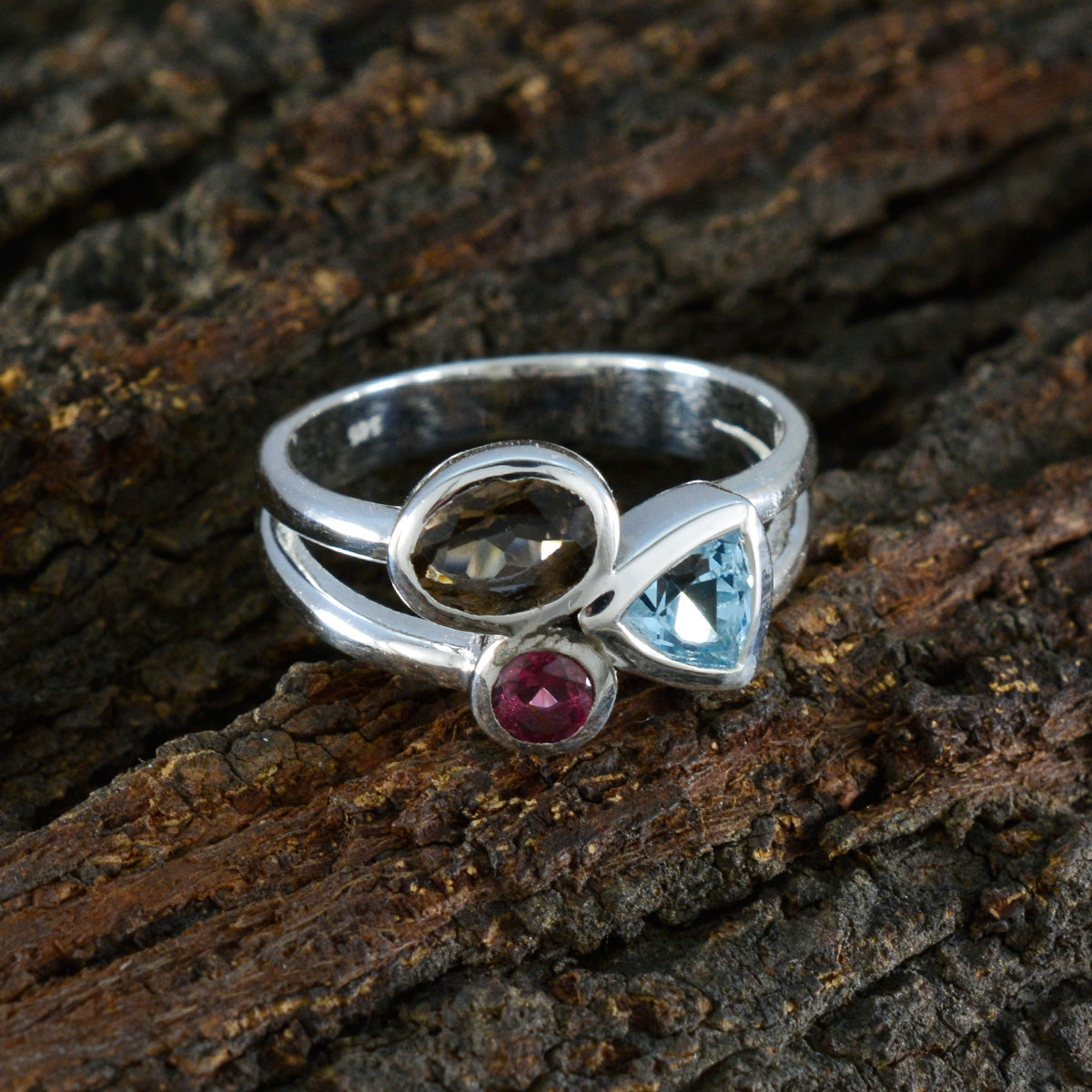 Multi Stone Trilogy Russian Sterling Silver multicolor Gems Minimal Love Ring Jewellery