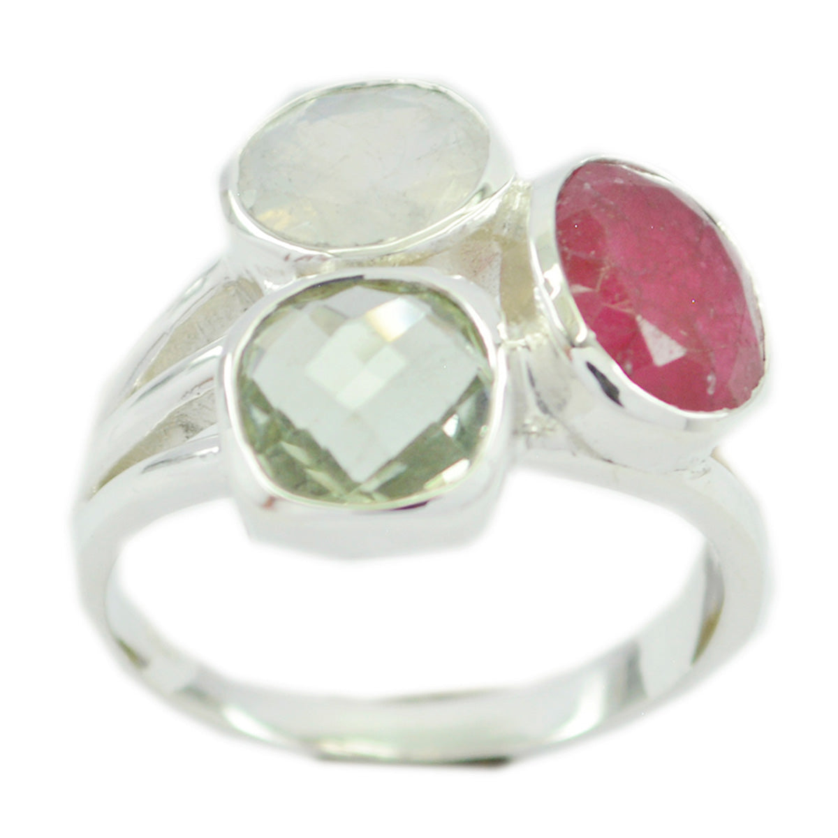 Multi Stone Trilogy Russian Silver multicolor Gemstones Mid weight Cocktail Ring Jewelry