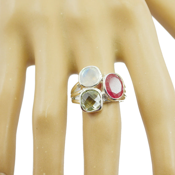 Multi Stone Trilogy Russian Silver multicolor Gemstones Mid weight Cocktail Ring Jewelry