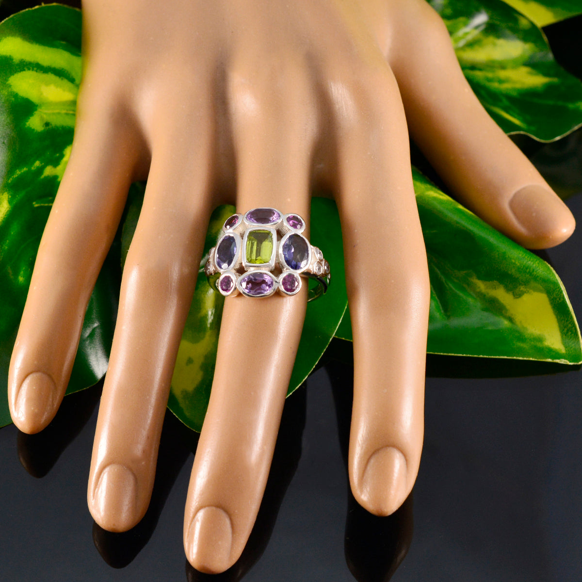 Multi Stone Navratna German Silver multicolor Gemstone Classic Cocktail Ring Jewellery