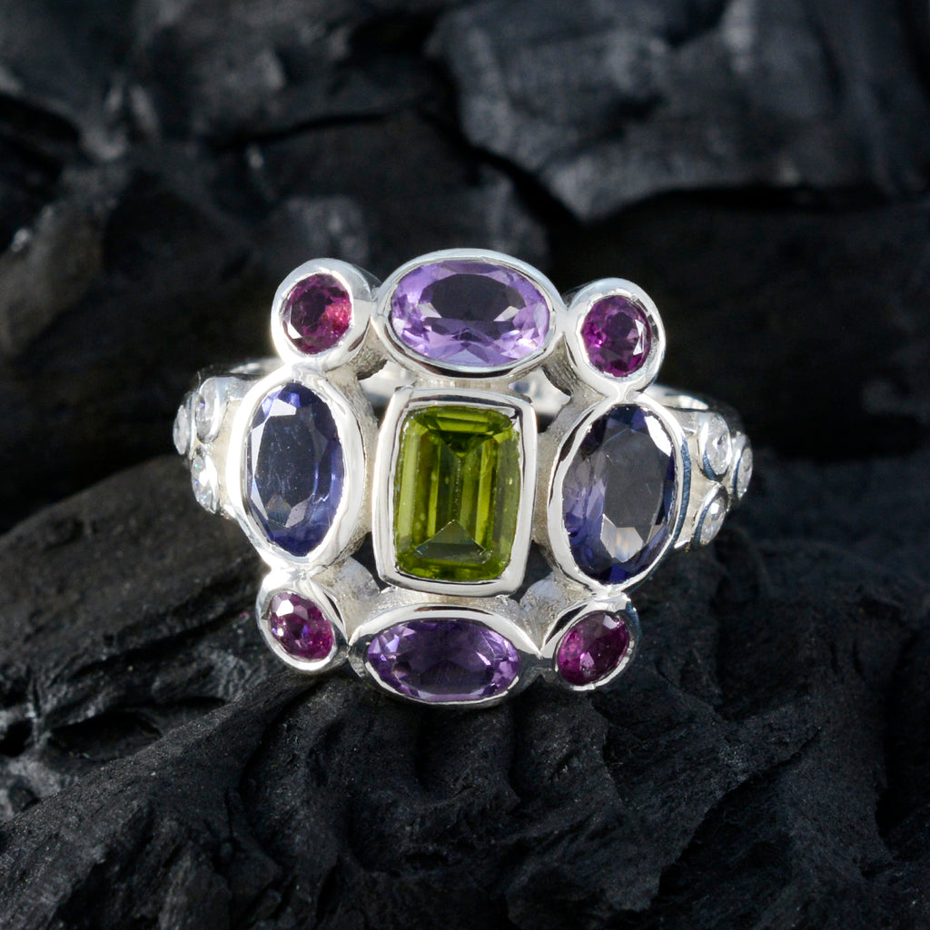 Multi Stone Navratna German Silver multicolor Gemstone Classic Cocktail Ring Jewellery