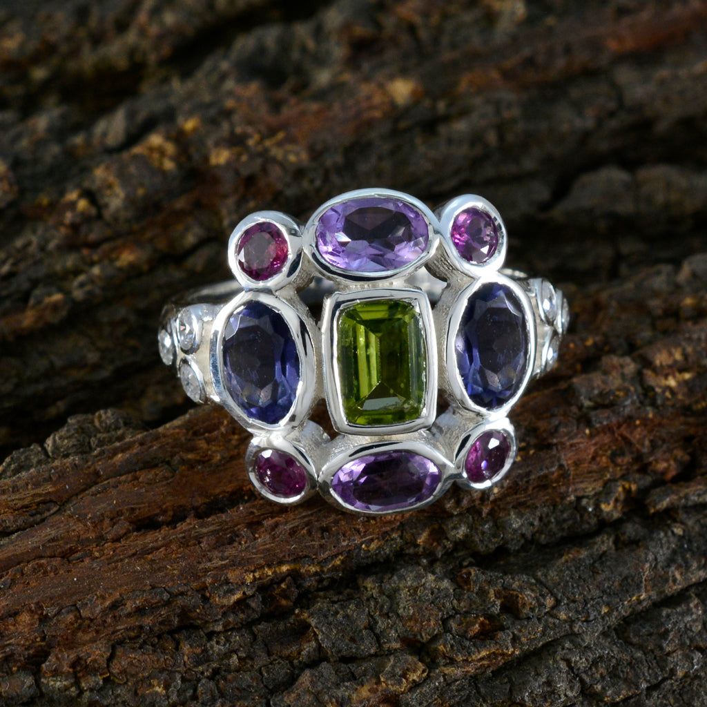 Multi Stone Navratna German Silver multicolor Gemstone Classic Cocktail Ring Jewellery