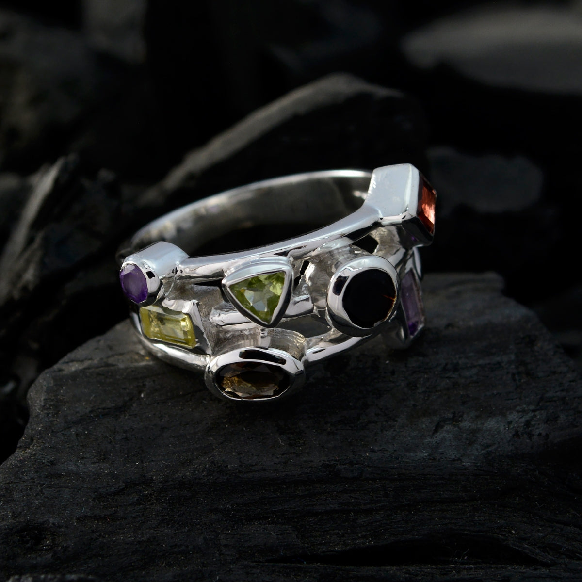 Multi Stone multiple African Silver multicolor Gemstone Versatile Cocktail Ring Jewelry