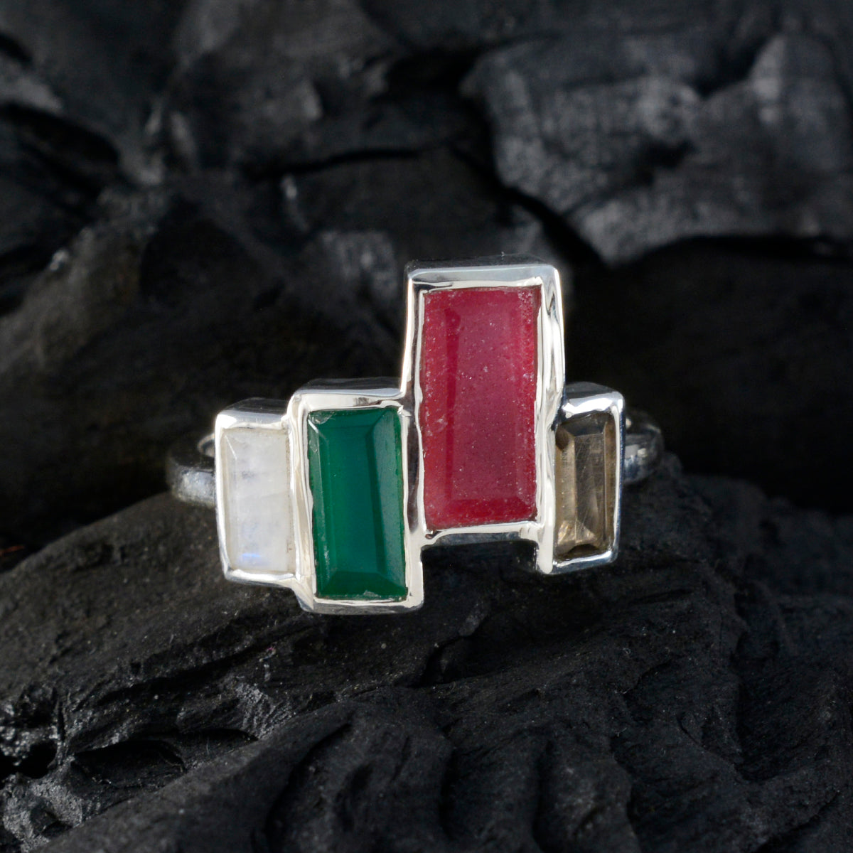Multi Stone quarter Egyptian Silver multicolor Gems Featherlight Luxurious Ring Jewellery