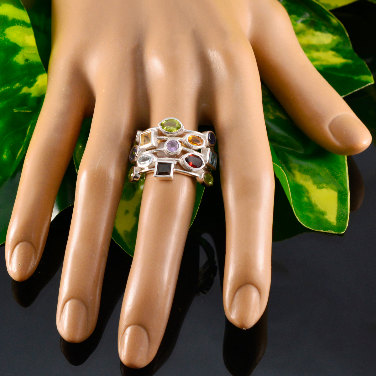 Multi Stone multiple German 925 Silver multicolor Gemstone Eye catching Cocktail Ring Jewellery