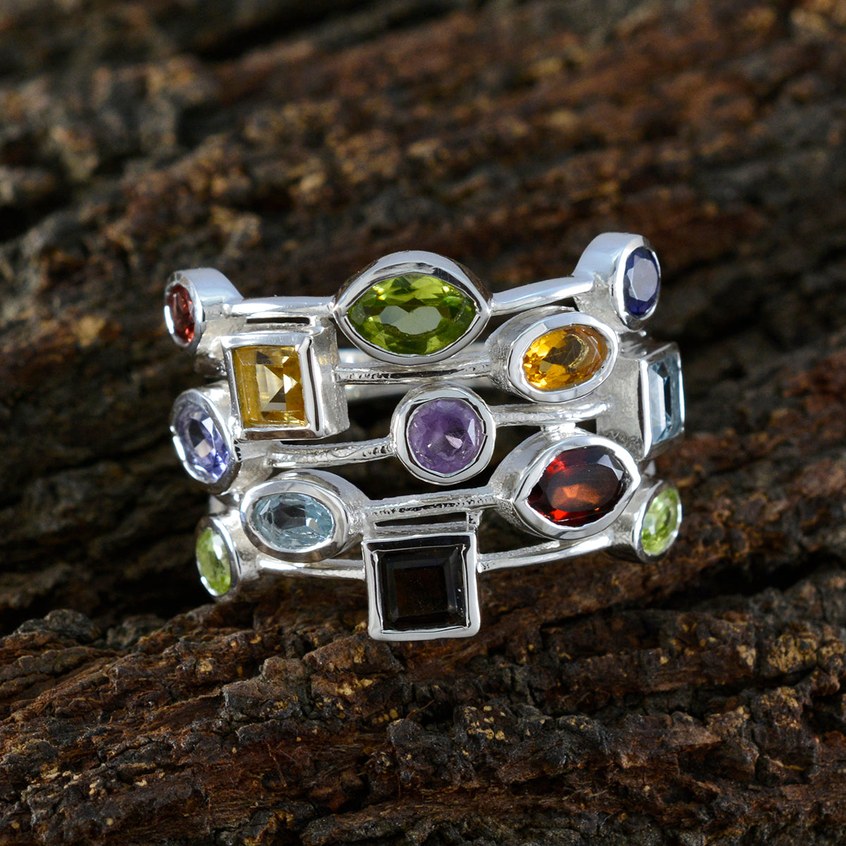 Multi Stone multiple German 925 Silver multicolor Gemstone Eye catching Cocktail Ring Jewellery