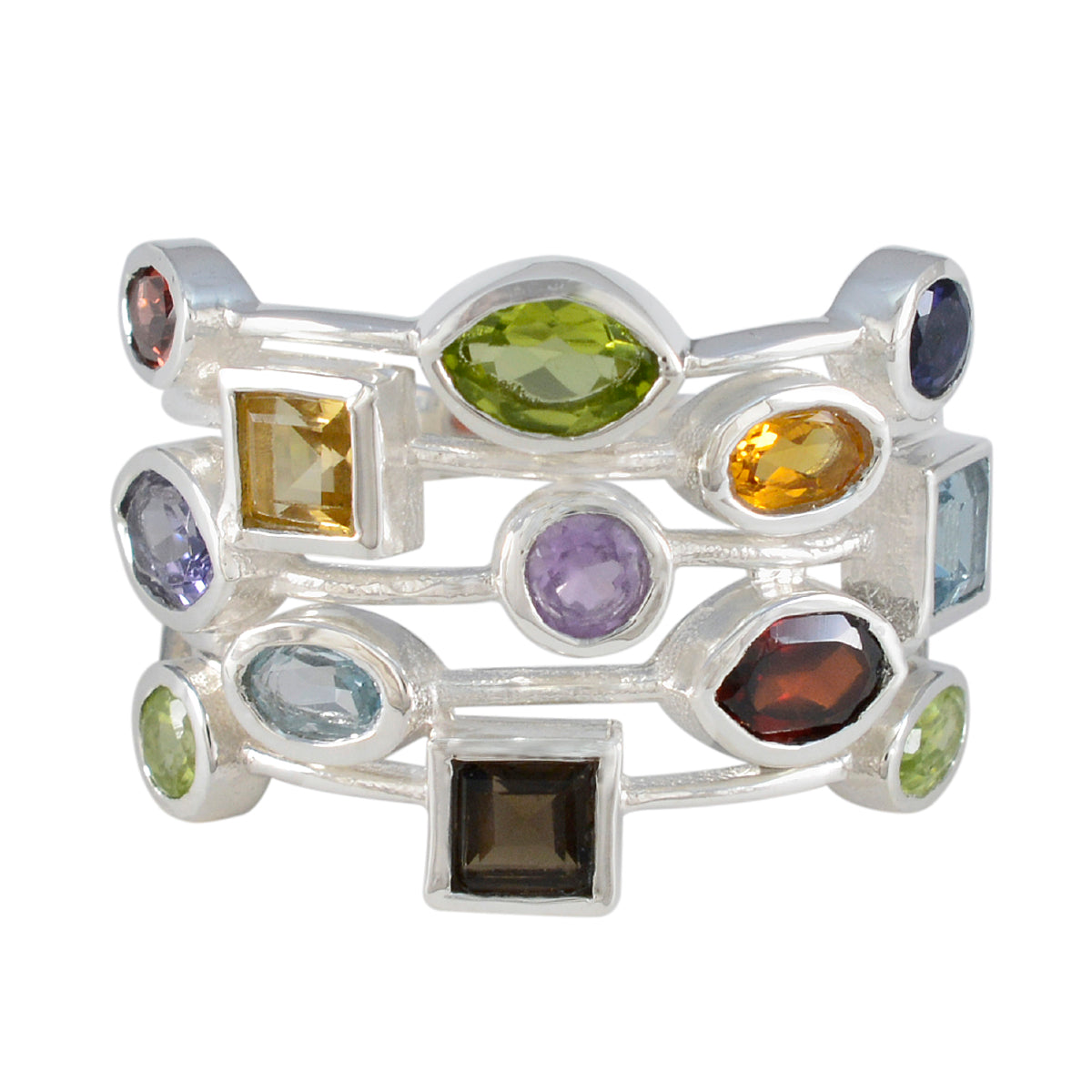 Multi Stone multiple German 925 Silver multicolor Gemstone Eye catching Cocktail Ring Jewellery Main image