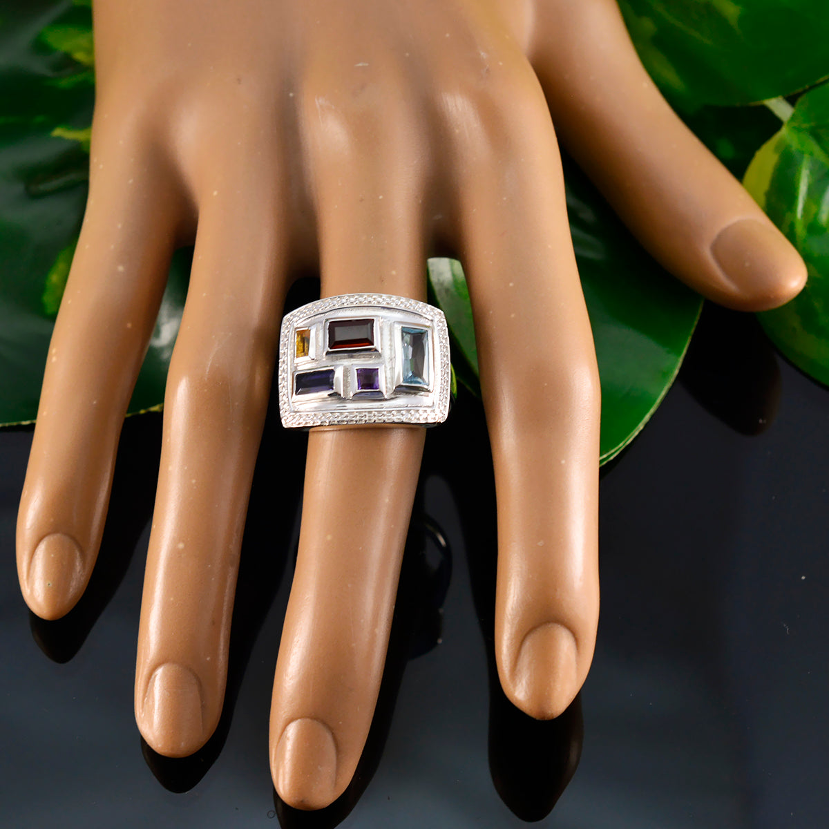Multi Stone penta Indian 925 Silver multicolor Gemstone Versatile Cocktail Ring Jewelry