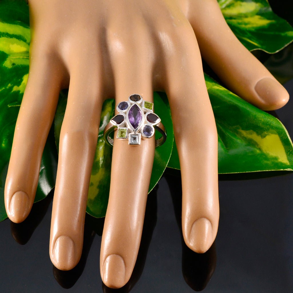 Mehrsteiniger Navratna-Ring aus ägyptischem Sterlingsilber, mehrfarbige Edelsteine, auffälliger Cocktailring