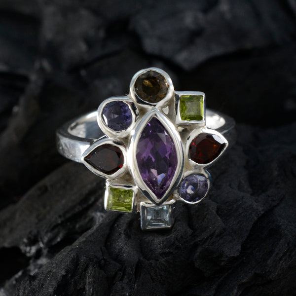 Mehrsteiniger Navratna-Ring aus ägyptischem Sterlingsilber, mehrfarbige Edelsteine, auffälliger Cocktailring