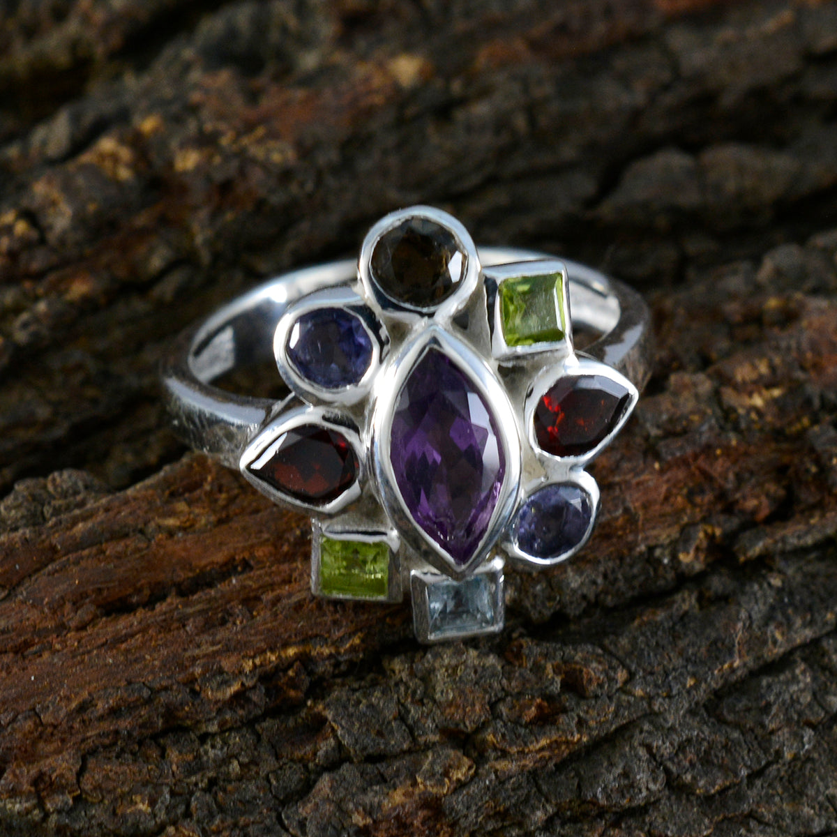 Multi Stone navratna Egyptian Sterling Silver multicolor Gems Eye catching Cocktail Ring Jewellery