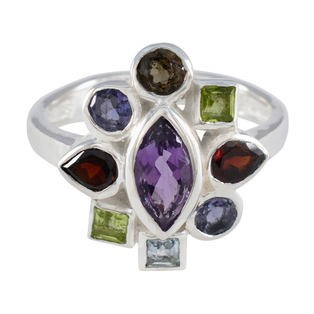 Mehrsteiniger Navratna-Ring aus ägyptischem Sterlingsilber, mehrfarbige Edelsteine, auffälliger Cocktailring