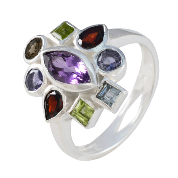Mehrsteiniger Navratna-Ring aus ägyptischem Sterlingsilber, mehrfarbige Edelsteine, auffälliger Cocktailring