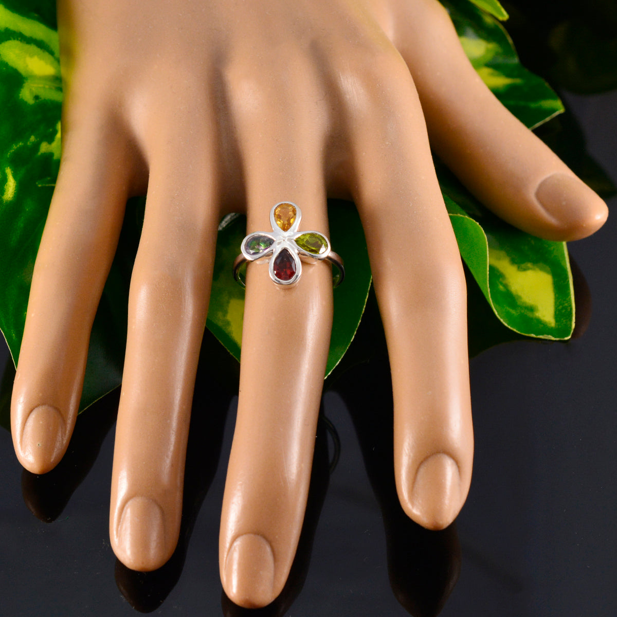 Multi Stone quarter Korean Sterling Silver multicolor Gemstones Dainty Floral Ring Jewellery