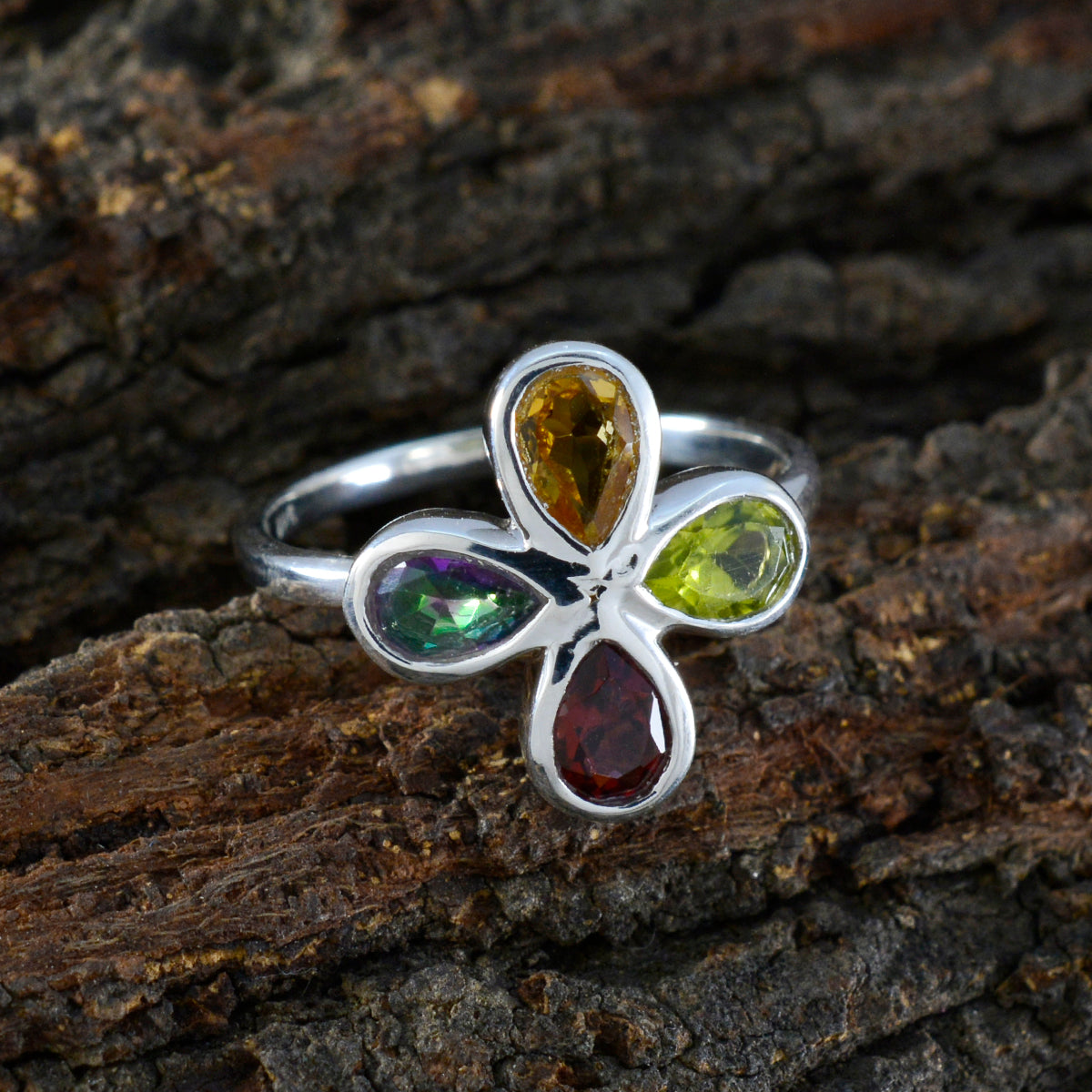 Multi Stone quarter Korean Sterling Silver multicolor Gemstones Dainty Floral Ring Jewellery