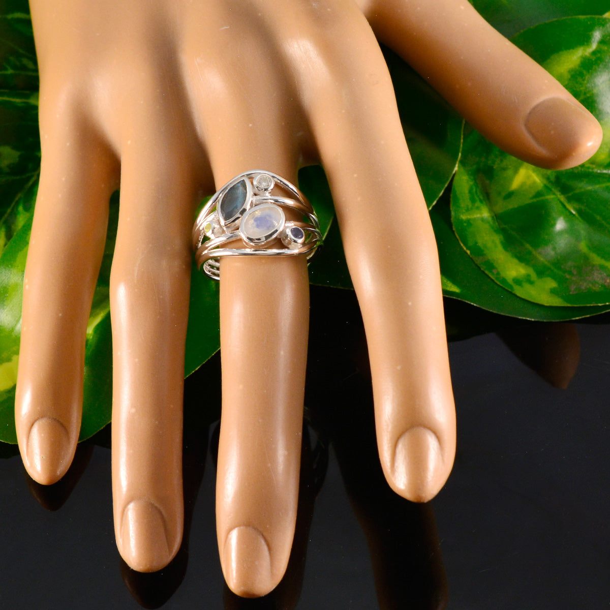 Multi Stone Penta Russian Sterling Silver multicolor Gems Eye catching Modern Ring Jewellery