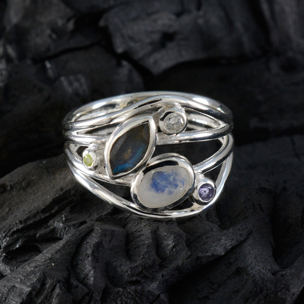 Multi Stone Penta Russian Sterling Silver multicolor Gems Eye catching Modern Ring Jewellery