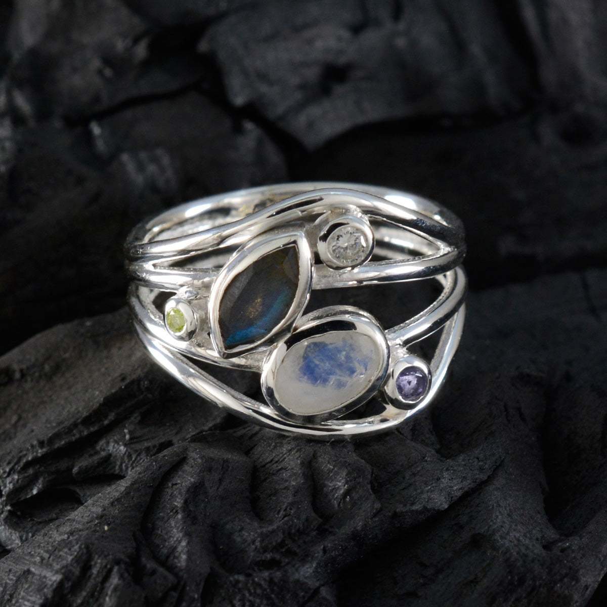 Multi Stone Penta Russian Sterling Silver multicolor Gems Eye catching Modern Ring Jewellery