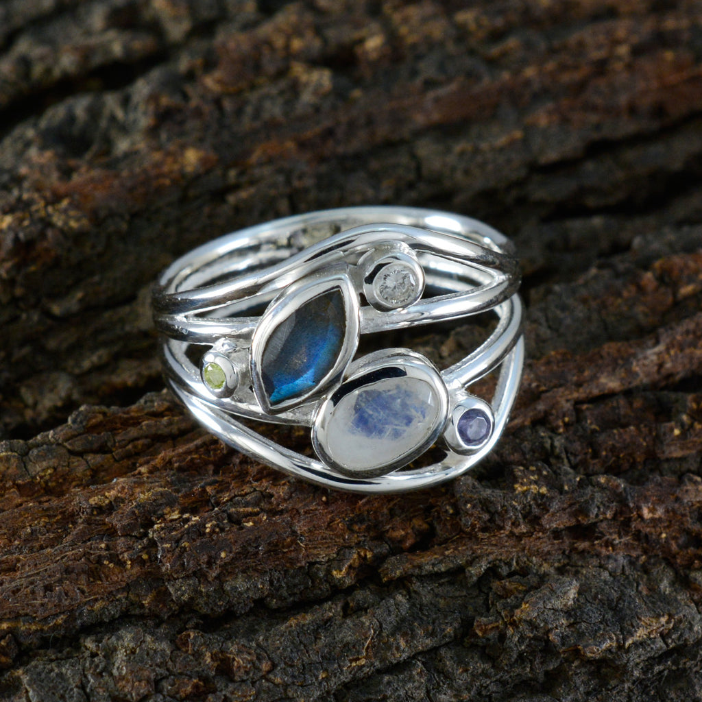 Multi Stone Penta Russian Sterling Silver multicolor Gems Eye catching Modern Ring Jewellery