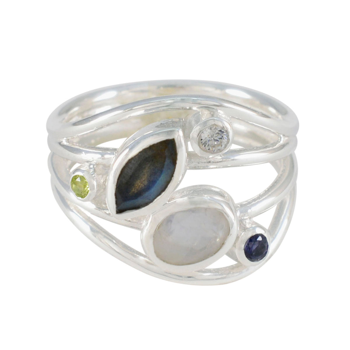 Multi Stone Penta Russian Sterling Silver multicolor Gems Eye catching Modern Ring Jewellery