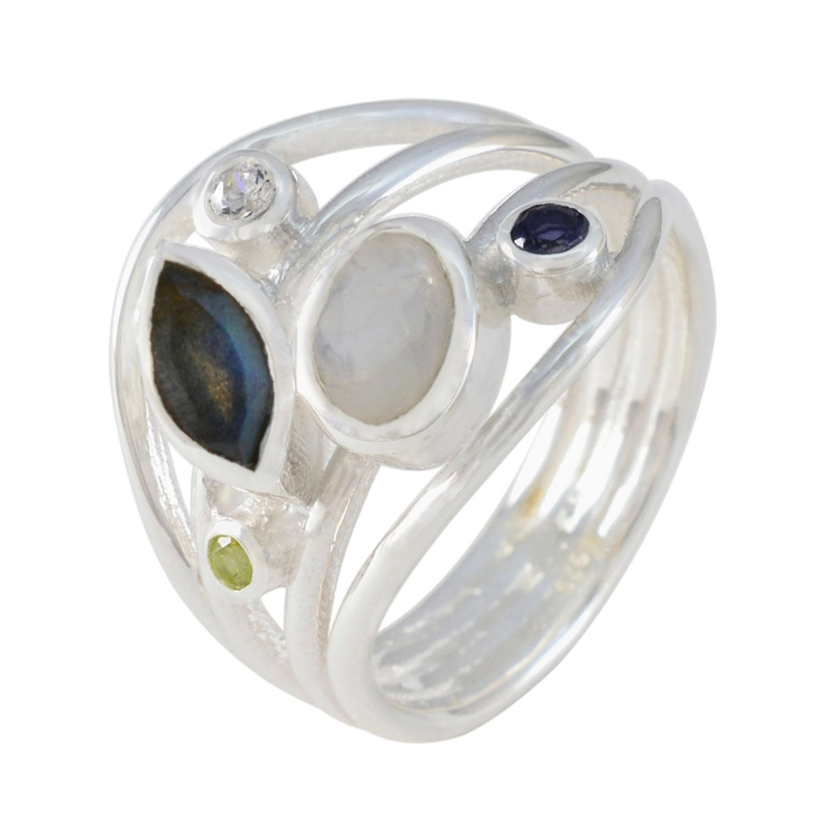 Multi Stone Penta Russian Sterling Silver multicolor Gems Eye catching Modern Ring Jewellery