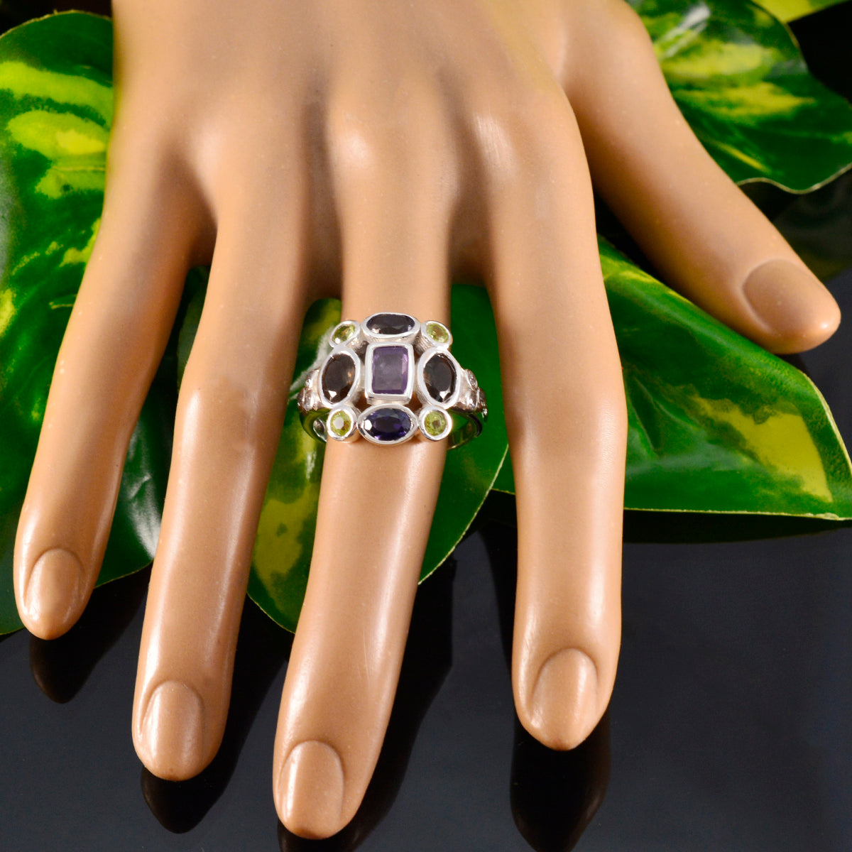 Multi Stone Navratna Indian Sterling Silver multicolor Gemstones Classic Cocktail Ring Jewelry