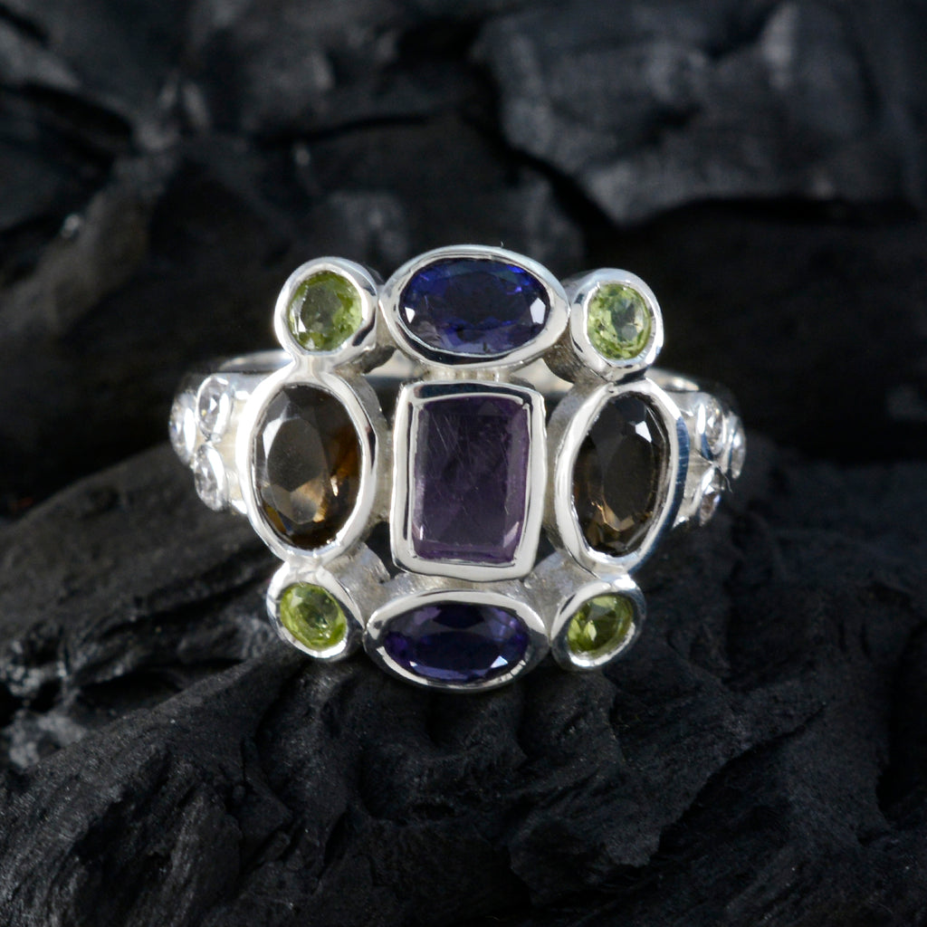 Multi Stone Navratna Indian Sterling Silver multicolor Gemstones Classic Cocktail Ring Jewelry