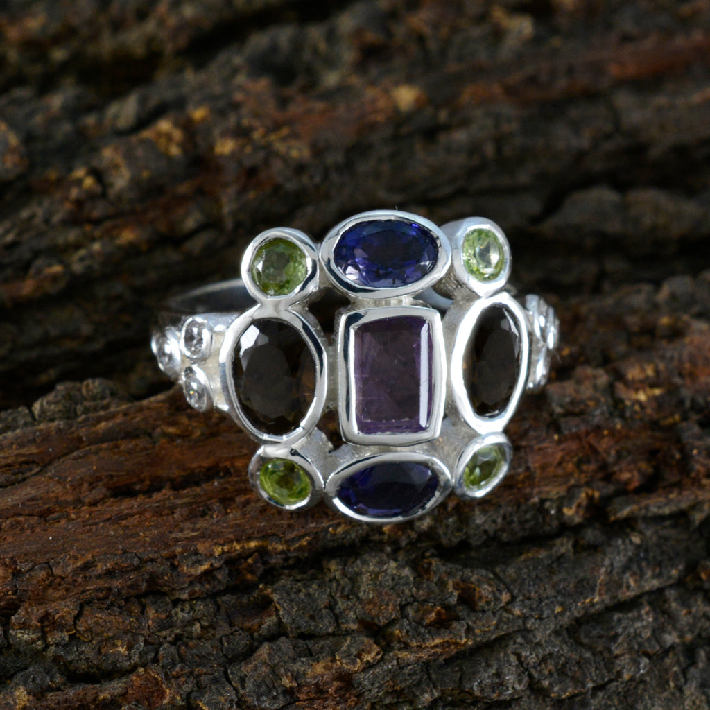 Multi Stone Navratna Indian Sterling Silver multicolor Gemstones Classic Cocktail Ring Jewelry