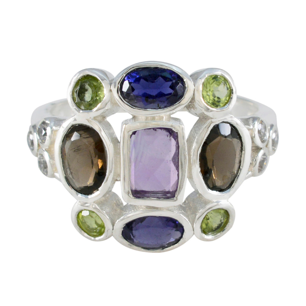 Multi Stone Navratna Indian Sterling Silver multicolor Gemstones Classic Cocktail Ring Jewelry
