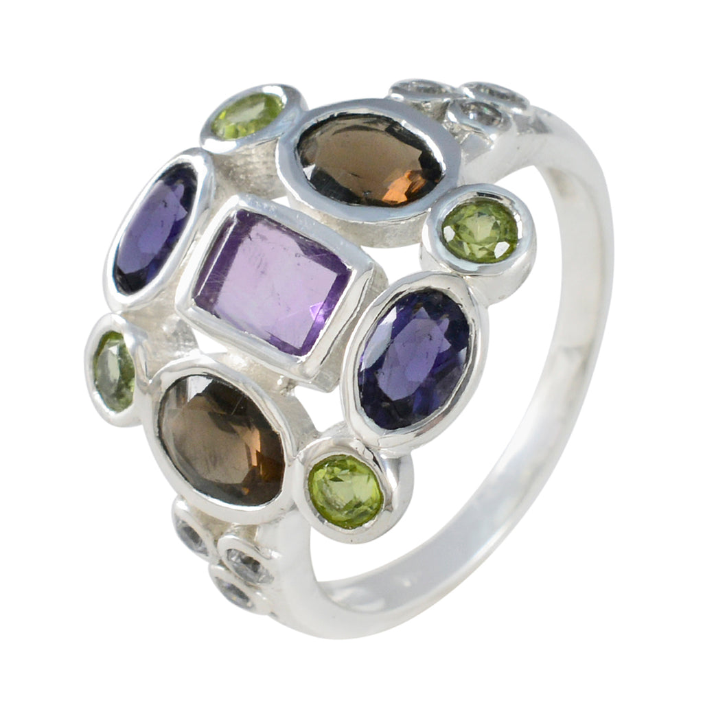 Multi Stone Navratna Indian Sterling Silver multicolor Gemstones Classic Cocktail Ring Jewelry