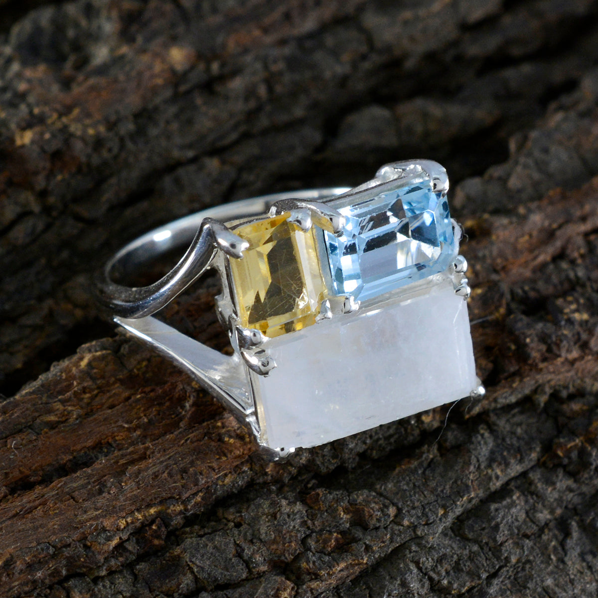 Multi Stone Trilogy German 92.5 Silver multicolor Gemstone Classic Trendy Ring Jewelry