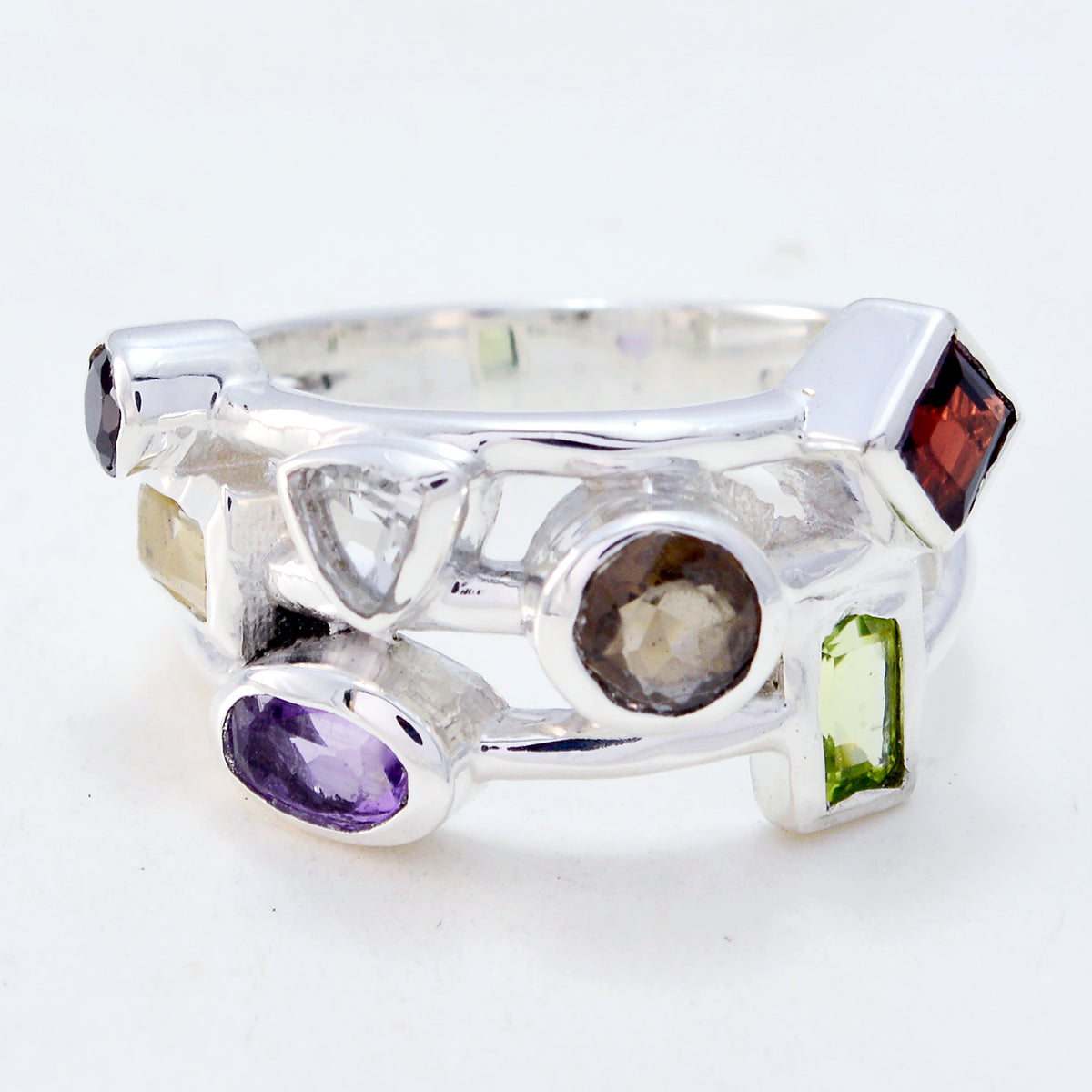 Anillo de cóctel versátil con múltiples piedras preciosas multicolores en plata esterlina rusa Imagen secundaria del producto
