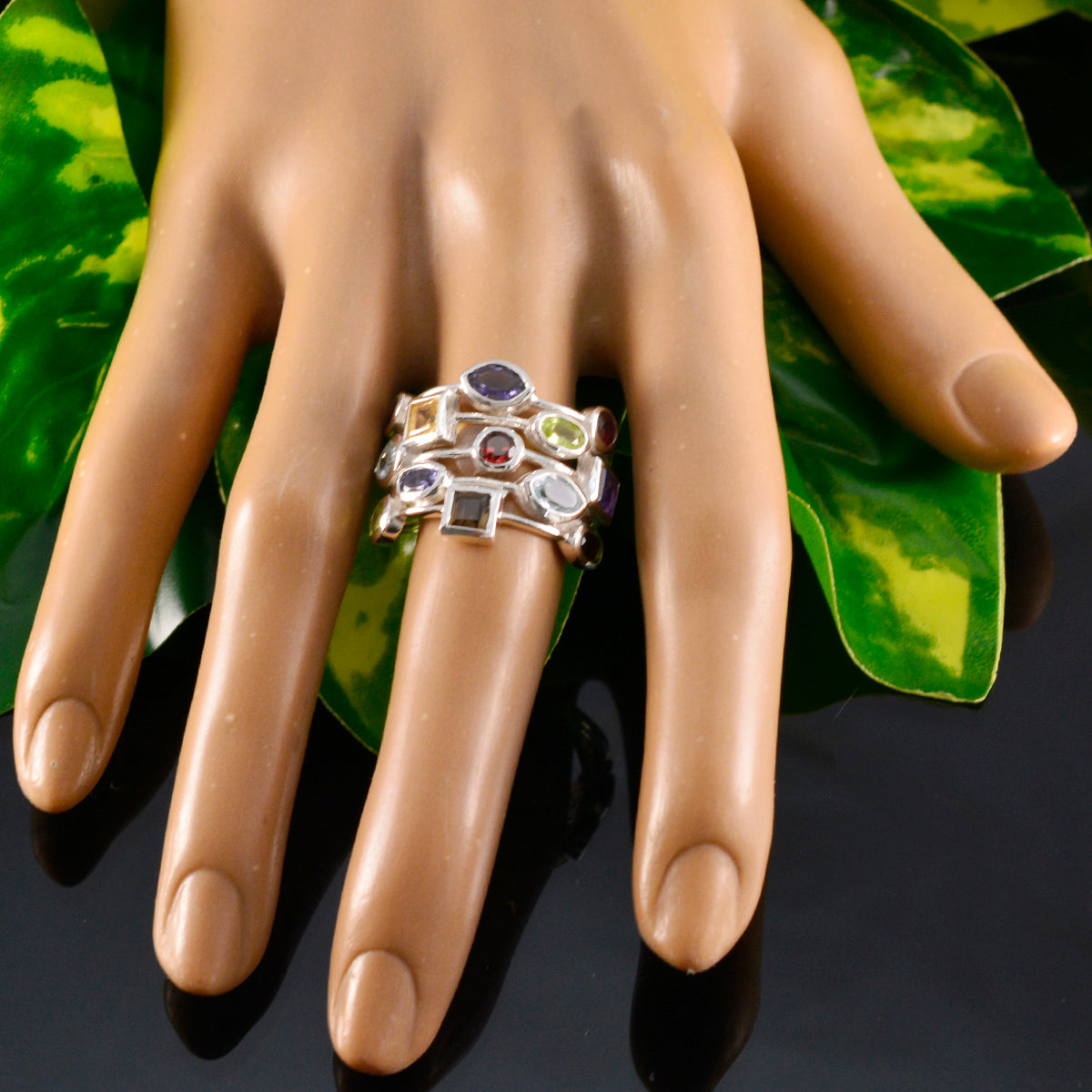 Multi Stone multiple Indian 92.5 Silver multicolor Gemstones Eye catching Cocktail Ring Jewelry