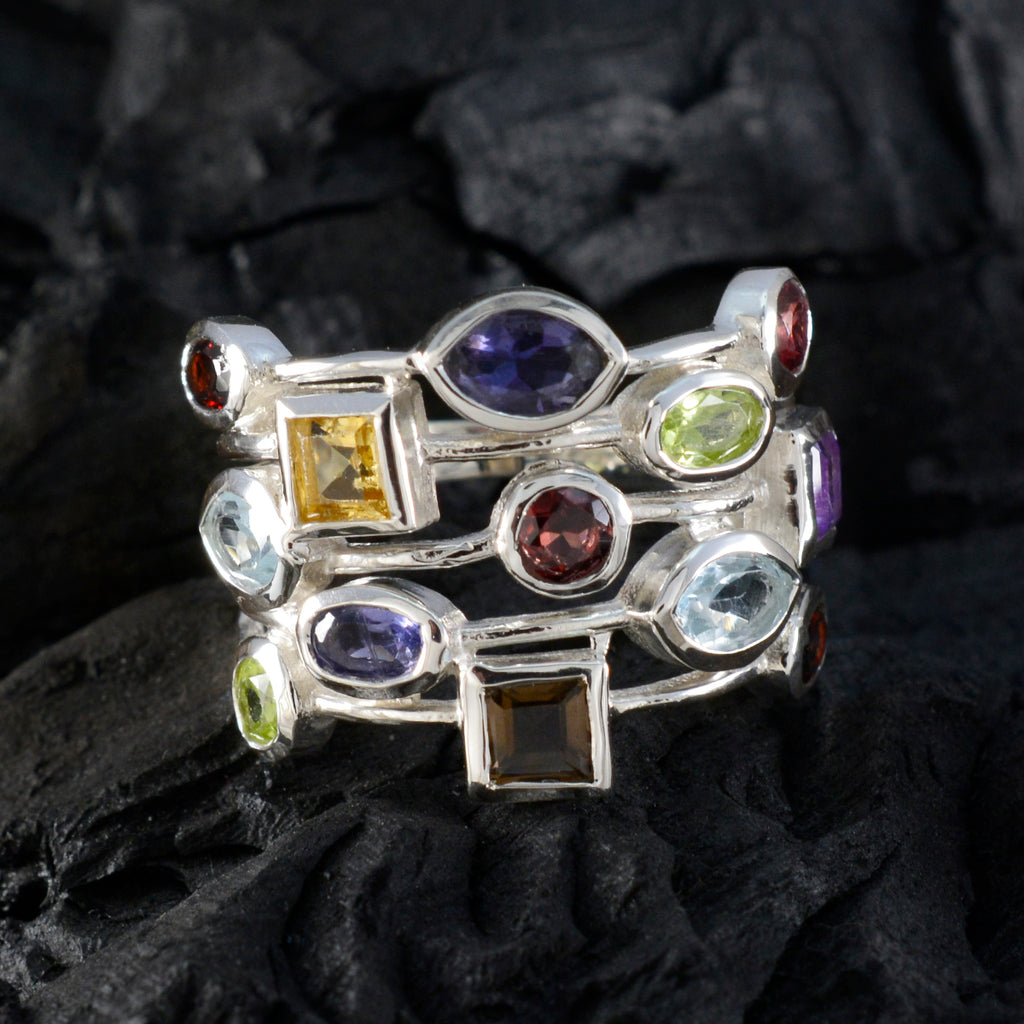 Multi Stone mehrere indische 92,5 Silber mehrfarbige Edelsteine auffälliger Cocktailring Schmuck