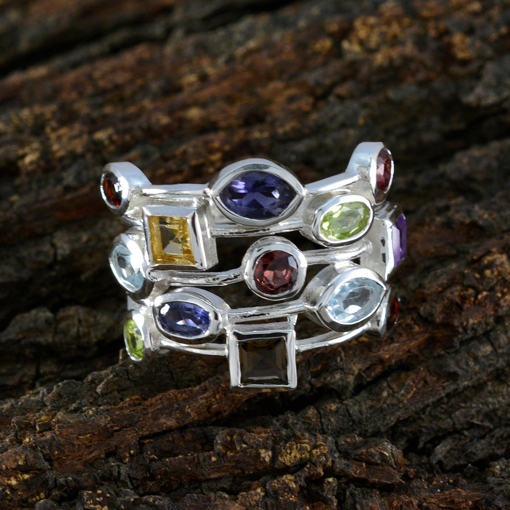 Multi Stone mehrere indische 92,5 Silber mehrfarbige Edelsteine auffälliger Cocktailring Schmuck