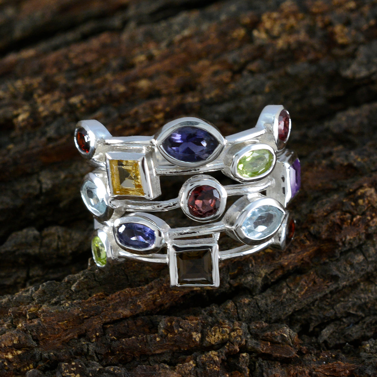Multi Stone multiple Indian 92.5 Silver multicolor Gemstones Eye catching Cocktail Ring Jewelry