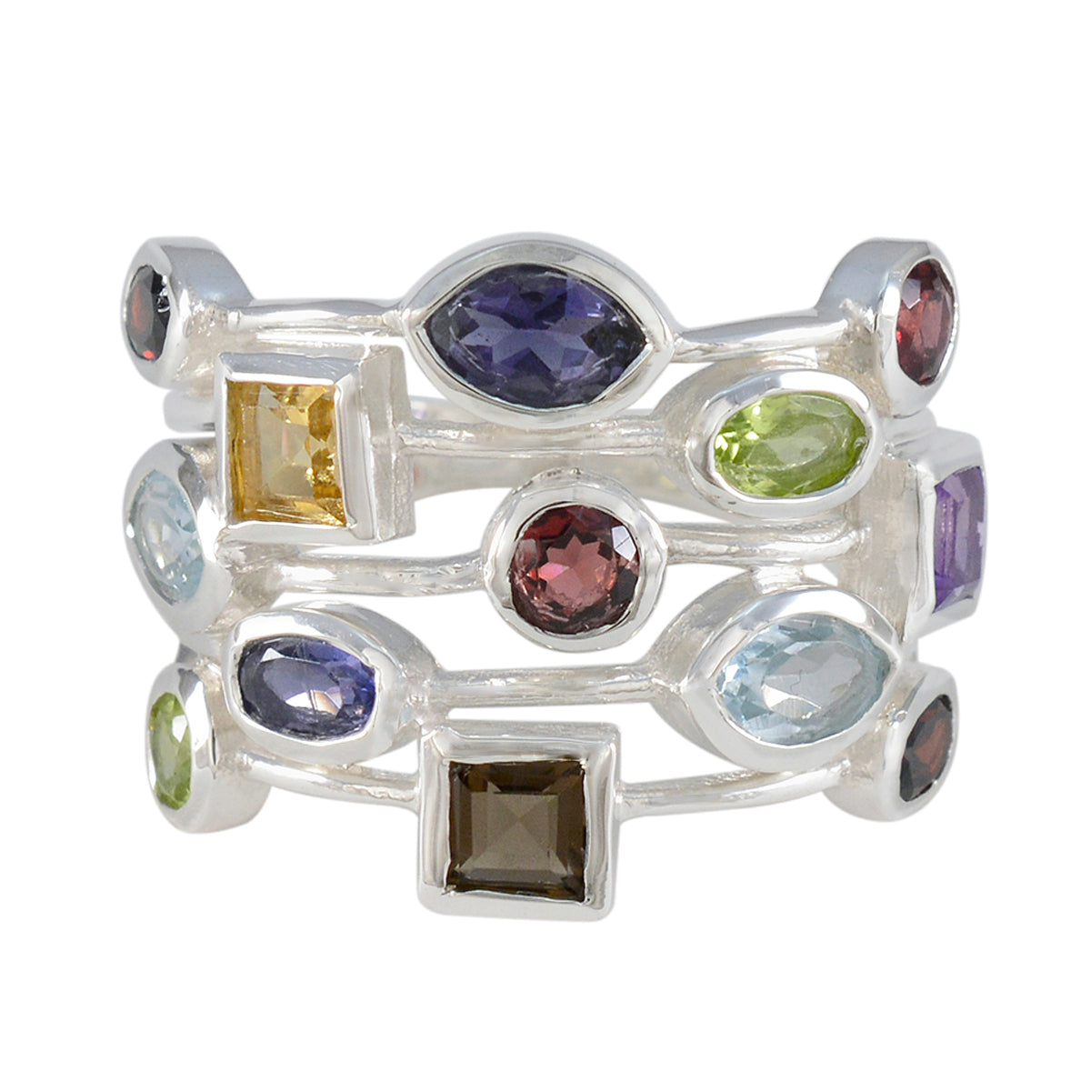 Multi Stone multiple Indian 92.5 Silver multicolor Gemstones Eye catching Cocktail Ring Jewelry メイン画像