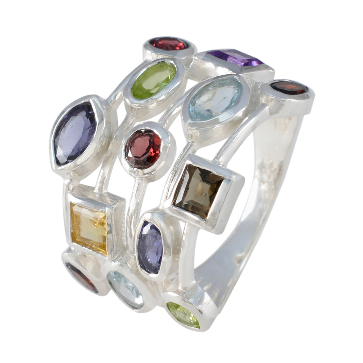 Multi Stone multiple Indian 92.5 Silver multicolor Gemstones Eye catching Cocktail Ring Jewelry
