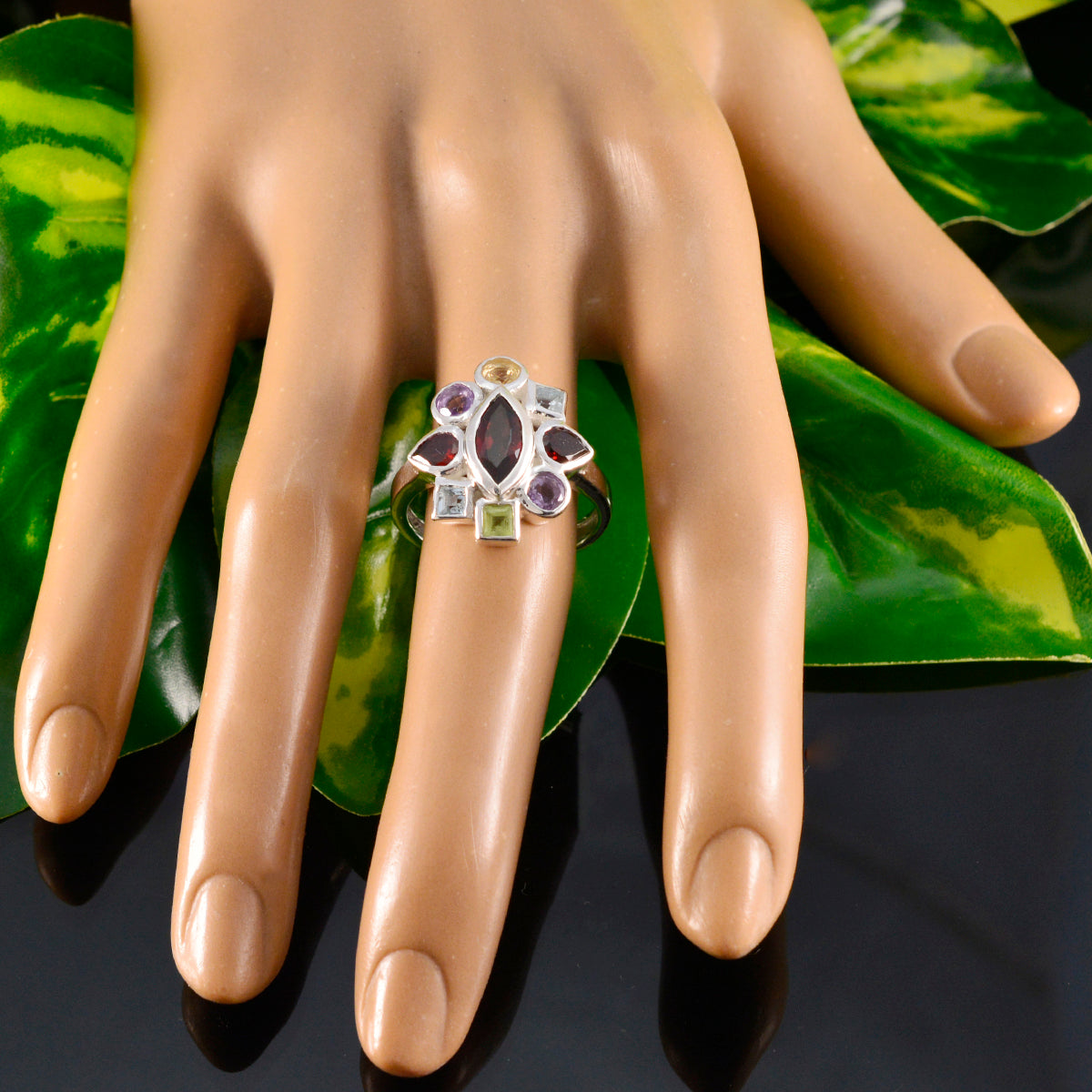 Multi Stone navratna French 925 Silver multicolor Gemstone Eye catching Cocktail Ring Jewelry