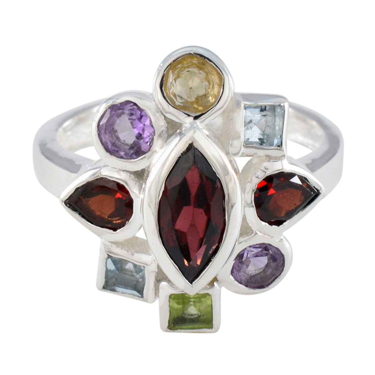 Multi Stone navratna French 925 Silver multicolor Gemstone Eye catching Cocktail Ring Jewelry