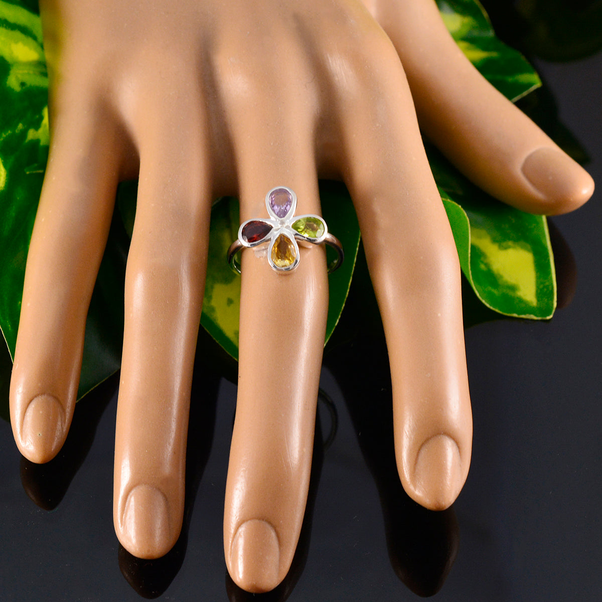 Multi Stone quarter Japanese 925 Silver multicolor Gems Dainty Floral Ring Jewelry