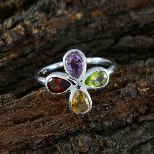 Multi Stone quarter Japanese 925 Silver multicolor Gems Dainty Floral Ring Jewelry