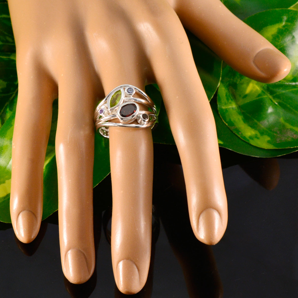 Multi Stone Penta Moroccan 925 Silver multicolor Gemstone Eye catching Contemporary Ring Jewelry