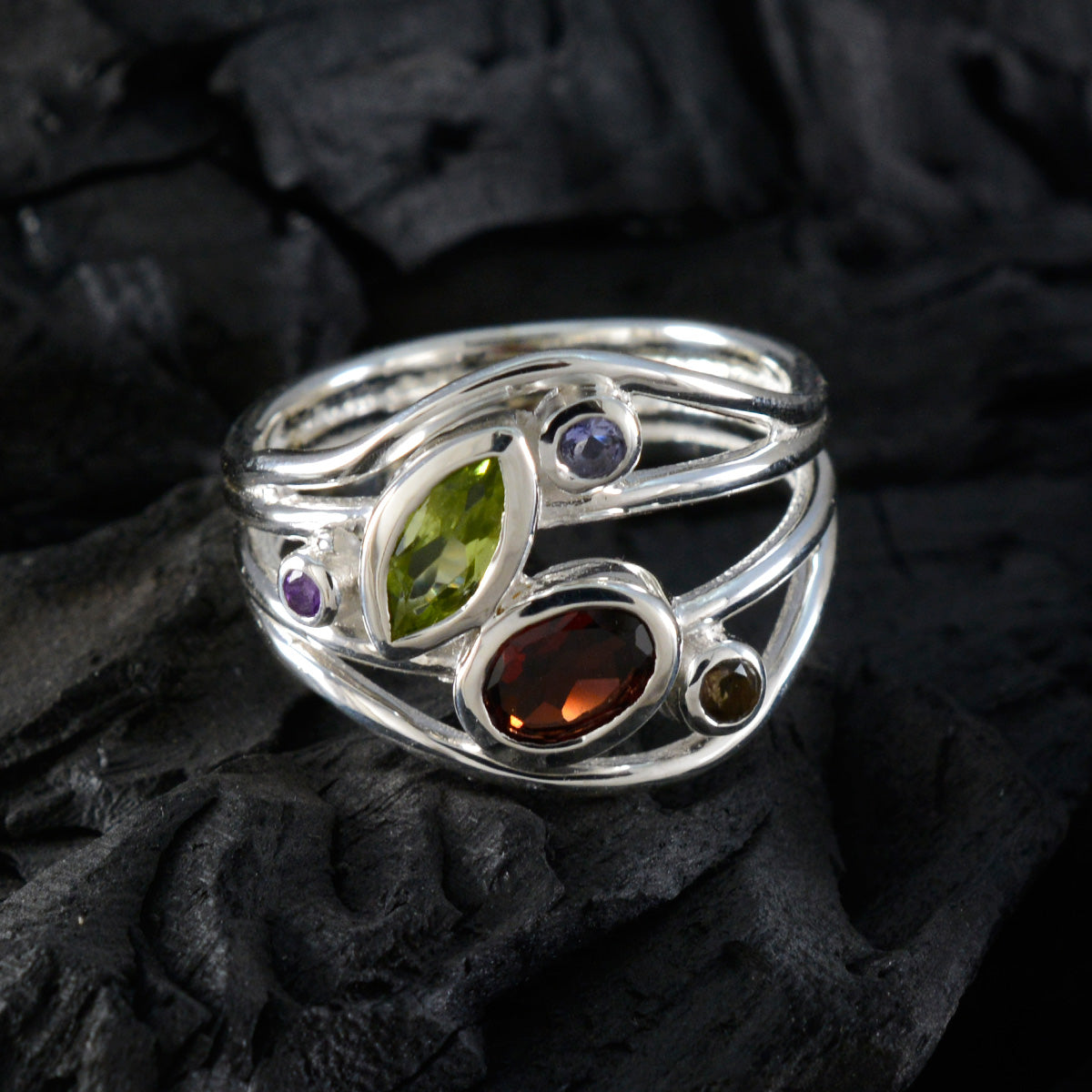 Multi Stone Penta Moroccan 925 Silver multicolor Gemstone Eye catching Contemporary Ring Jewelry