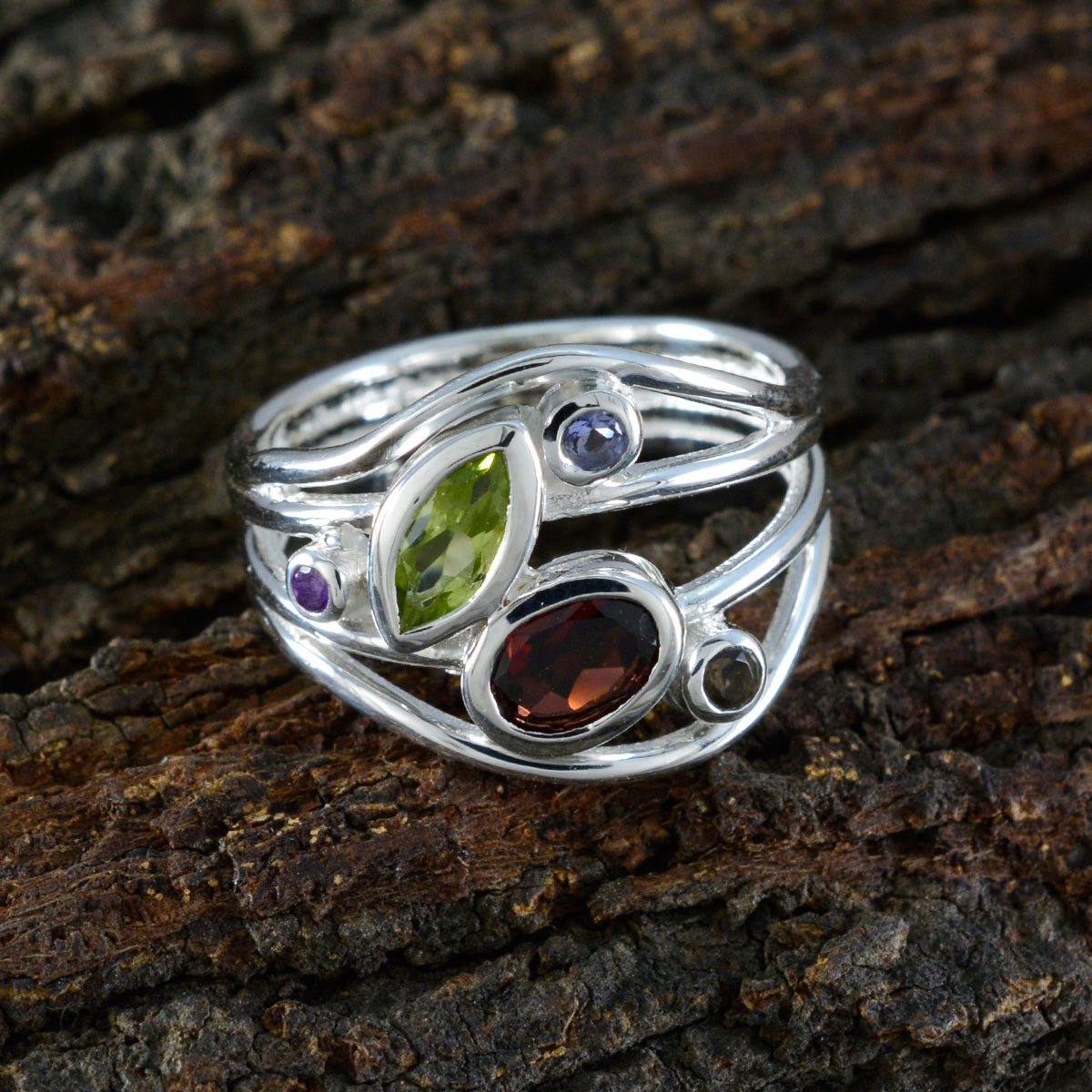 Multi Stone Penta Moroccan 925 Silver multicolor Gemstone Eye catching Contemporary Ring Jewelry