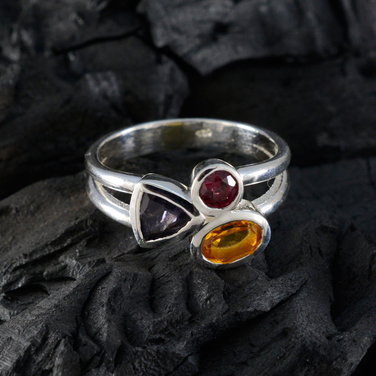 Multi Stone Trilogy Egyptian 92.5 Silver multicolor Gemstones Minimal Luxurious Ring Jewellery