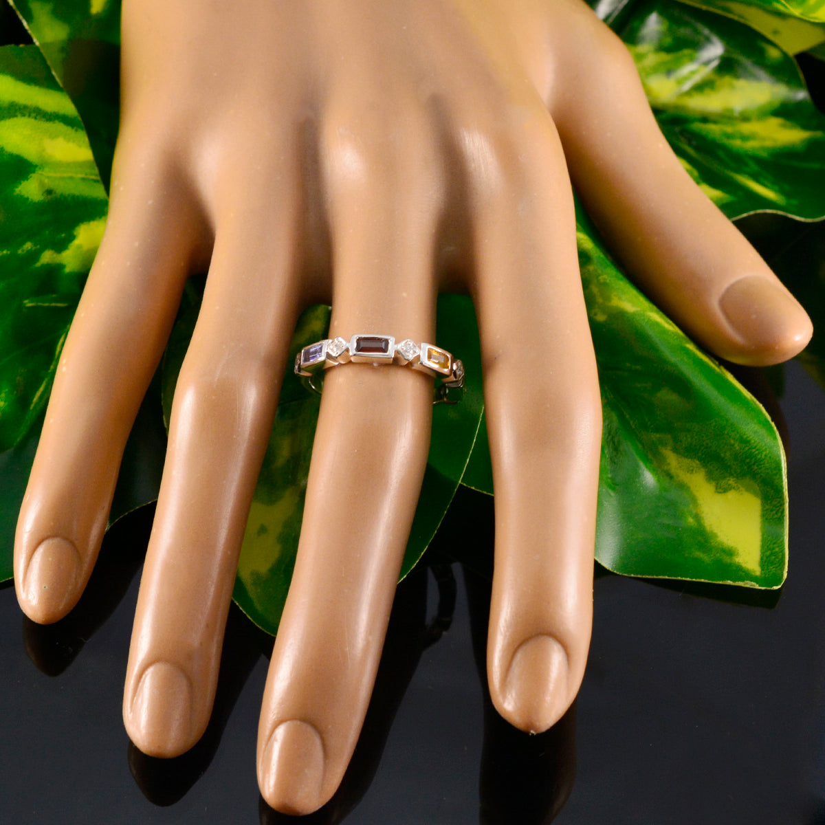 Multi Stone quarter American Silver multicolor Gemstone Dainty Trendy Band Jewelry