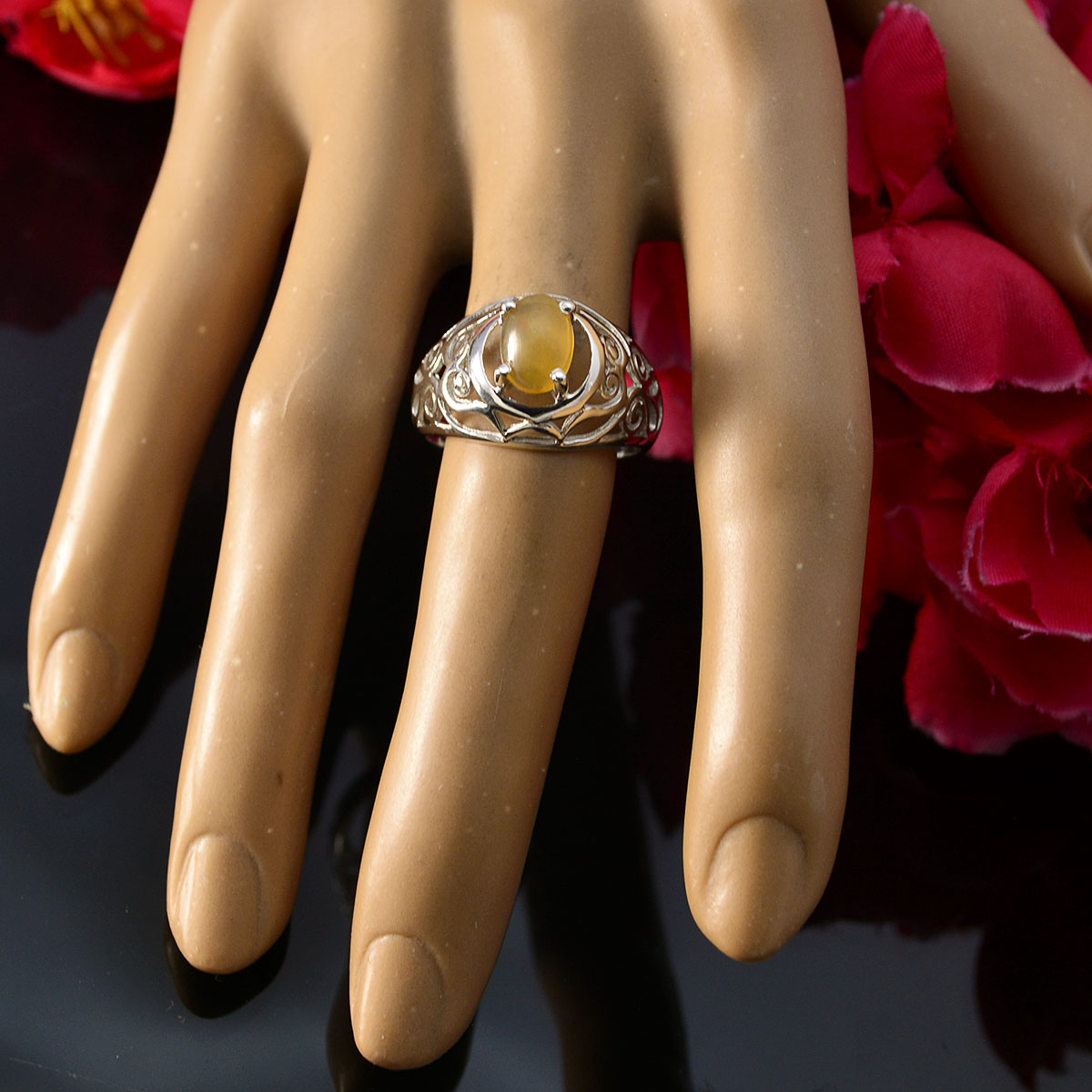 Opal Solitaire Spanish Silver Yellow Gems Featherlight Filigree Ring Jewellery