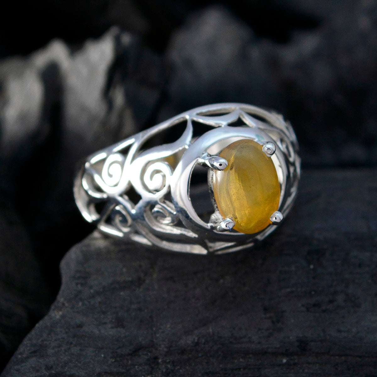 Opal Solitaire Spanish Silver Yellow Gems Featherlight Filigree Ring Jewellery